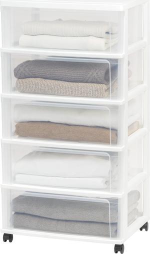 IRIS USA 5 Drawer Wide Storage Drawer Cart with Caster Wheels, Plastic Rolling Dresser for Home Closet Bedroom Bathroom Office Laundry Kitchen Craft Room Nursery and School Dorm, White/Clear