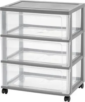 IRIS USA 3 Drawer Wide Storage Drawer Cart with Caster Wheels, Plastic Rolling Dresser for Home Closet Bedroom Bathroom Office Laundry Kitchen Craft Room Nursery and School Dorm, Gray/Clear