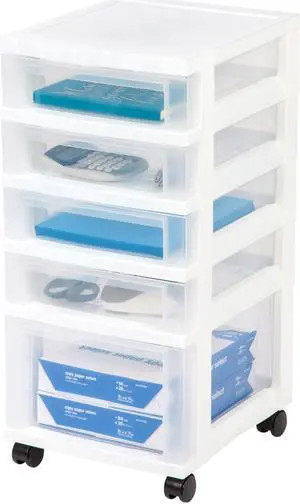 IRIS USA 5 Drawer Clear Plastic Drawer Cart Rolling Storage, White