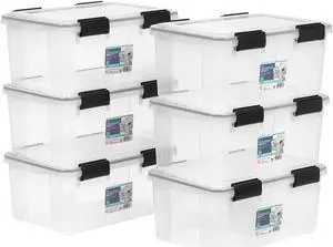 IRIS USA 19 Qt Storage Box with Gasket Seal Lid, 6 Pack, Made in USA - Heavy Duty Moving Containers with Tight Latch, Weather Proof Tote Bin, WEATHERPRO - Clear/Black