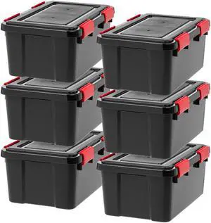 IRIS USA 19 Qt Storage Box with Gasket Seal Lid, 6 Pack - BPA-Free, Made in USA - Heavy Duty Moving Containers with Tight Latch, Weather Proof Tote Bin, WEATHERPRO - Black/Red