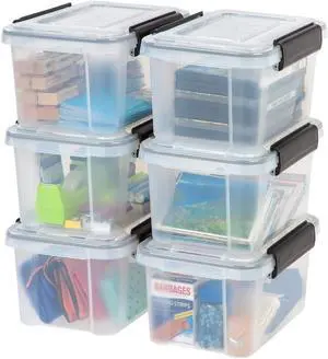 IRIS USA 6 Qt Storage Box with Gasket Seal Lid, 6 Pack - BPA-Free, Made in USA - Heavy Duty Moving Containers with Tight Latch, Weather Proof Tote Bin, WEATHERPRO - Clear/Black