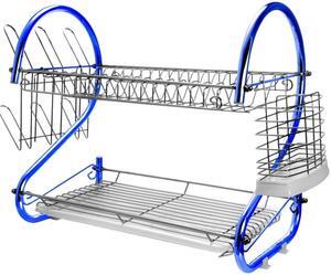 MegaChef 16 Inch Two Shelf Iron Wire Dish Rack in Blue