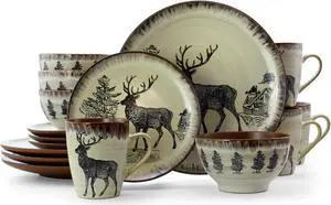 Elama Majestic Elk 16 Piece Luxurious Stoneware Dinnerware with Complete Setting for 4