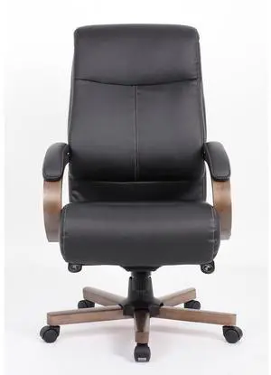 Lorell 69590 Wood Base Leather High-back Executive Chair - Black Leather Seat - Black Leather Back