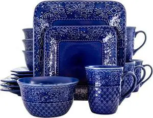 Elama Indigo Lotus 16 Piece Square  Dinnerware Set