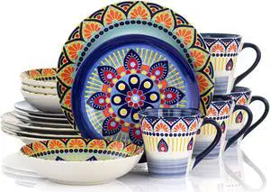 Elama Zen Blue Mozaik 16 Piece Luxurious Stoneware Dinnerware with Complete Setting for 4 16pc
