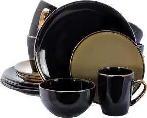 Elama Cambridge Grand 16Piece Dinnerware Set in Luxurious Black and Warm Taupe with Complete Setting for 4
