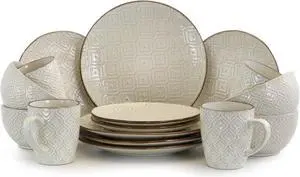 Elama White Lily 16 Piece Luxurious Stoneware Dinnerware with Complete Setting for 4
