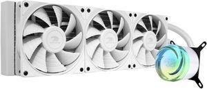iBUYPOWER AW4 360mm Radiator CPU AIO Liquid Cooler (2024), 3x 120mm Core Fans, RGB Display, Fan Speed 700-2000 RPM, Airflow Volume 65 CFM, Intel 1700/1150/1151, AMD AM5/AM4 - White