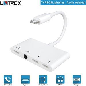 4 in 1 for Lightning to Audio Splitter With 3.5mm Headphone Aux Jack Adapter with USB C Charge Port for iPhone X/8 P/7/iPod/iPad