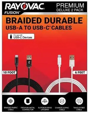 Rayovac Braided Durable USB-A to USB-C Cables - 2 Pack