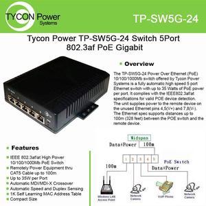 Tycon Systems TP-SW5G-24 5 Port High Power POE Switch - 10-36V DC Input