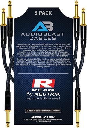 3 Units - 8 Inch - Audioblast HQ-1 - Ultra Flexible - Dual Shielded (100%) - Guitar Instrument Effects Pedal Patch Cable w/Neutrik-Rean NYS224BG Gold ¼ inch (6.35mm) TS Plugs & Triple Staggered Boots
