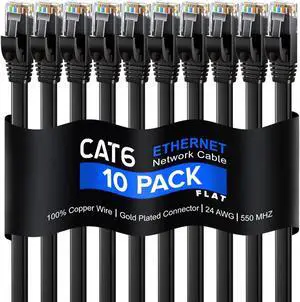 Zell Cat 6 Ethernet Cable 1 Ft - With A Flat, Space-Saving Design High-Speed Internet & Network Lan Patch Cable, Rj45 Connectors - 1Ft / Black / 10 Pack - Perfect For Gaming, Streaming, And More
