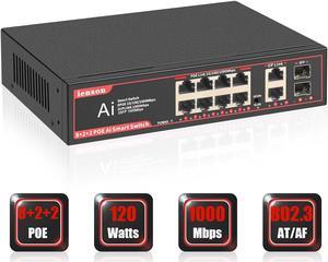 Zell 12 Ports Poe Switch,8 Poe Ports Gigabit Network Switch+2 Ports Gigabit  Uplink+2 Sfp Slot,Unmanaged Ethernet Switch With 120W Ai  Detection,802.3Af/At Compliant, Fanless Design