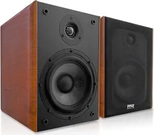 6.5" Home Wooden Bookshelf Speakers, 240W Max Power, 1" Silk Dome Tweeter and Aluminum Voice Coils, Pair, Gold Plated 5 Way Binding Post, Rubber Surrounds, Beautiful Wood Grain Finish- Pyle PHQBS62