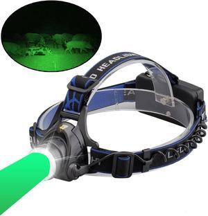 LED Headlamp Rechargeable GreenLight, 1800 Lumens Zoomable Hunting LED head lamp flshlight for Hunting Hiking Camping Fishing Hog Coyote Varmint Hunting