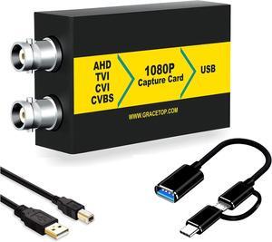 GRACETOP AHD Capture Card with Loopout, 4-in-1 AHD/TVI/CVI/CVBS/AV/RCA to USB 3.0 Video Capture Card, 1080P CVBS Capture Card for Streaming Game Streaming Video Recording for Windows, Linux, OS