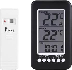 AUTENS Indoor/Outdoor Thermometer, LCD Digital Indoor Outdoor Thermometer Clock Temperature Meter Wireless Transmitter for Greenhouse (Black)