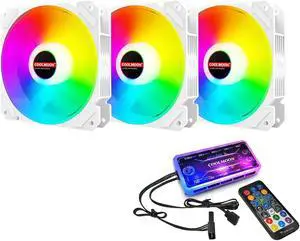 3 Pack RGB Case Fans, COOLMOON 120mm Computer Cooling PC Case Fan Addressable RGB Color Changing LED Fan with Remote Control, Music Rhythm Sync & 5V ARGB Motherboard Sync