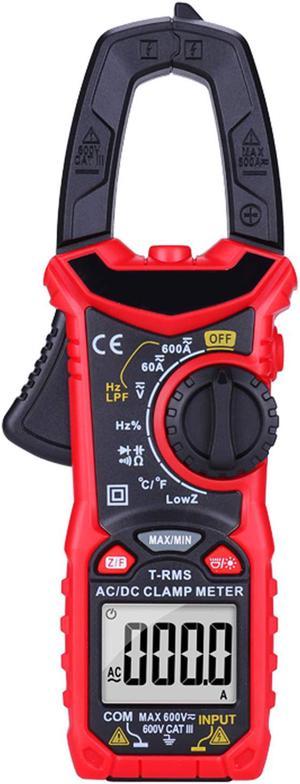 AC/DC Digital Clamp Meter 6000 Counts True RMS Auto Range NCV AC DC Current Voltage Resistance Capacitance Frequency Diode Temperature Measure Tester, Backlight LCD Display Flashlight