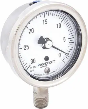 ASHCROFT 251009SW02LVAC Gauge,Vacuum,30in Hg VAC to 0,304 SS