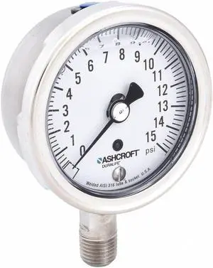 ASHCROFT 251009SWL02L15# Industrial Pressure Gauge, 0 to 15 psi, 2 1/2 in Dial,