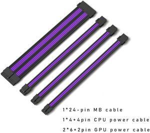 Mod Sleeved Cable, Black & Purple Power Supply Cable Extension Kit, 24PIN ATX, 4+4 PIN EPS, Dual 6+2 PIN PCIE(11.81")