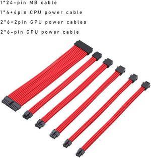 Mod Sleeved Cable, Red Power Supply Cable Extension Kit, 24PIN ATX, 4+4 PIN EPS, Dual 6+2 PIN PCIE, Dual 6 PIN PCIE(11.81")