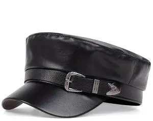 Fashion Women Large Belt Buckle Leather Hat Spring Autumn Sailor Hats Black Ladies Beret Caps Men Flat Top Captain Military Caps