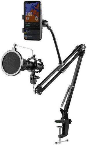 Adjustable Recording Microphone Suspension Boom Scissor Arm Stand+Mic Wind Filter+Shock Mount+Phone Holder Black