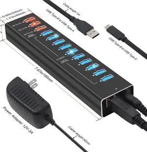 STANSTAR USB Hub, All Aluminum Alloy 13 Port Hub with 3 Port Smart Fast Charge Super High Speed USB3.0 Interface Plug and Play