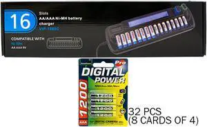 16 Bay AA / AAA LCD Battery Charger + 32 AAA 1200 mAh AccuPower NiMH Batteries