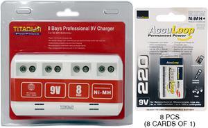 8 Bay 9 Volt Smart Charger + 8 x 9 Volt AccuLoop NiMH Batteries (220 mAh)