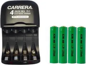 AA / AAA NiMH Smart Slim Travel Charger with USB Plug & 4 x AAA NiMH 1200 mAh Batteries