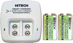 2 Bay 9 Volt Li-ion /  Li-Po Smart Charger + 2 x HiTech 9 Volt Lithium Polymer Batteries (720 mAh)