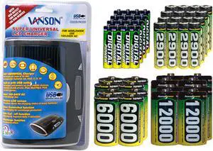 Super Universal LCD Battery Charger + 16 AA (2900 mAh) + 16 AAA (1200 mAh) + 8 C (6000 mAh) + 8 D (12000 mAh) AccuPower NiMH Batteries