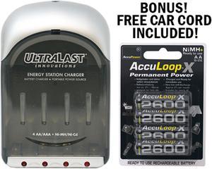 UltraLast AA / AAA Smart Battery Charger  + 4 AA AccuPower AccuLoop-X NiMH Batteries (2600 mAh)