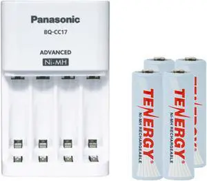 Panasonic BQ-CC17 Smart Battery Charger + 4 AA Tenergy NiMH Rechargeable Batteries (2500 mAh)