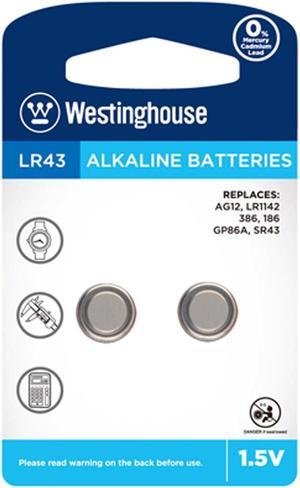 LR43 / AG12 Westinghouse Alkaline Button Batteries (2 Pack)