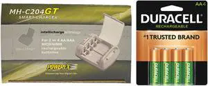 Powerex MH-C204GT AA / AAA Smart Battery Charger & 4 AA Duracell Rechargeable (DX1500) Batteries (2500 mAh)