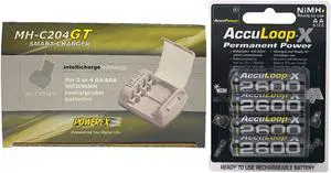 Powerex MH-C204GT AA / AAA Smart Battery Charger & 4 AA NiMH AccuPower AccuLoop-X Rechargeable Batteries (2600 mAh)