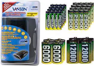 Super Universal LCD Battery Charger + 16 AA (2900 mAh) + 16 AAA (1200 mAh) + 4 C (6000 mAh) + 4 D (12000 mAh) AccuPower NiMH Batteries