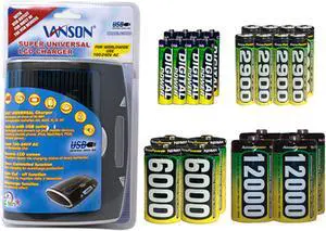 Super Universal LCD Battery Charger + 8 AA (2900 mAh) + 8 AAA (1200 mAh) + 4 C (6000 mAh) + 4 D (12000 mAh) AccuPower NiMH Batteries