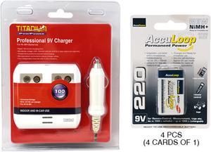 4 Bay 9 Volt Smart Charger + 4 x 9 Volt AccuLoop NiMH Batteries (220 mAh)