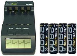 IQ-328 AA / AAA LCD Charger & 4 AA AccuPower AccuLoop-X Batteries (2600 mAh)