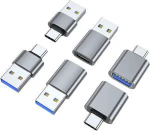 Zell Usb C Adapter (6 Pack), Usb A Male To Usb C Male, Usb 3.0 Male To Usb C Female, Usb Type-C Male To Usb 3.0 Female Converter Connector (Grey)