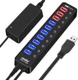 powered usb 3.0 hub, atolla usb 3.0 data hub 11 ports - 7 usb 3.0 data ports + 4 smart charging port with individual on/off swi