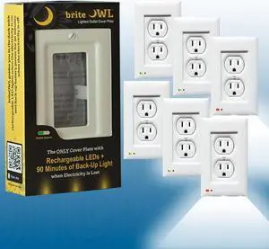 6-pack of the briteOWL White Duplex outlet cover plate with backup lighting feature and optional nightlight feature. Providing 50 lumens of light when the power goes out!